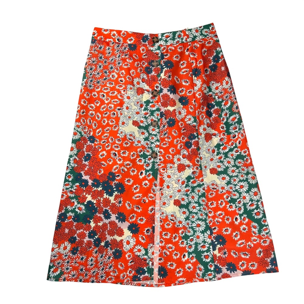 SHEIN Red Floral Daisy Button Front Midi Skirt‎ Womens Medium FBA7000680